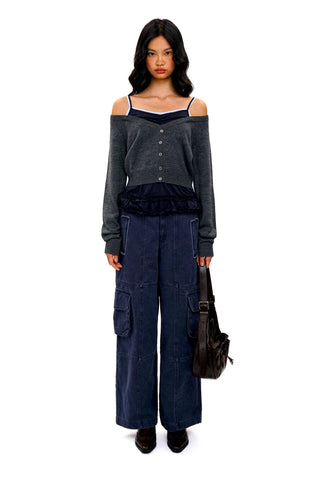 [Moromoro2] Faux Layered Off-Shoulder  Cardigan
