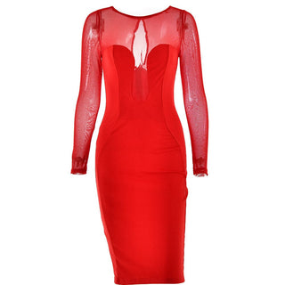 Long sleeve mesh patchwork button midi dress