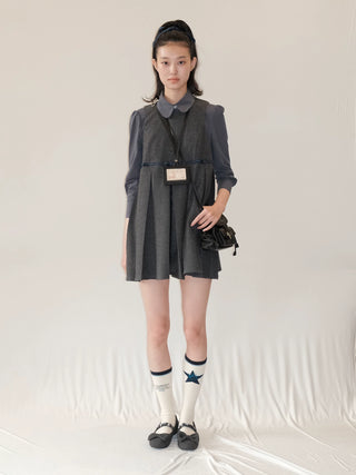 [Moromoro2] Layered Collegiate Pleated Vest  Dress