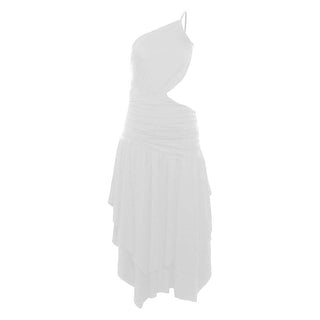 One shoulder hollow out ruched ruffle cut out midi dress-final-sale
