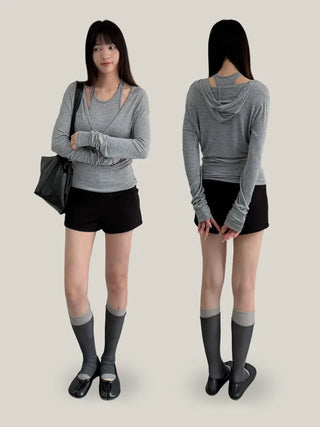Halter neck faux layered hooded T-shirt