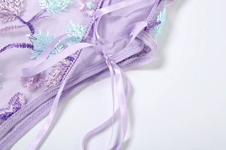 Flower embroidery bowknot mesh lace up cami bodysuit