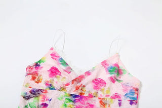 V neck lace flower print cami mini dress