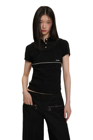 [moromoro2] Layered Contrast Panel Polo  T-Shirt