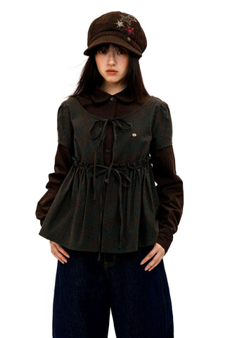 [Moromoro] Faux Two-piece Plaid Ruffled  Shirt