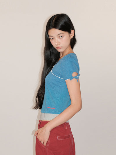 [Moromoro2] Faux Two-piece Lace V-neck  T-shirt