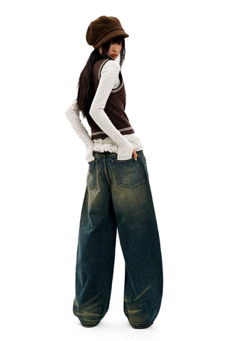 [Moromoro2] Distressed Curved Denim Pants