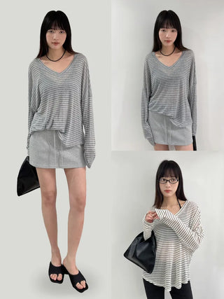 Lyocell blend striped V-neck T-shirt