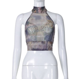 Halter beaded mesh self tie print backless top