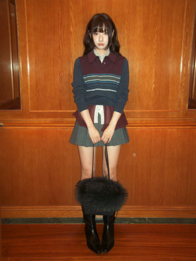 [Moromoro2] Color-block Striped Polo  Sweater