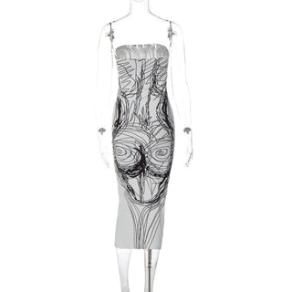 Print contrast backless tube midi dress