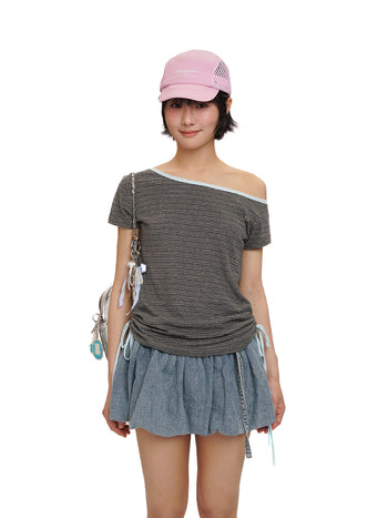[moromoro2] Striped Wide Neckline T-shirt