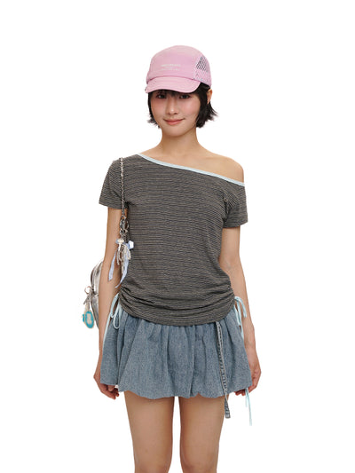 [moromoro2] Striped Wide Neckline T-shirt