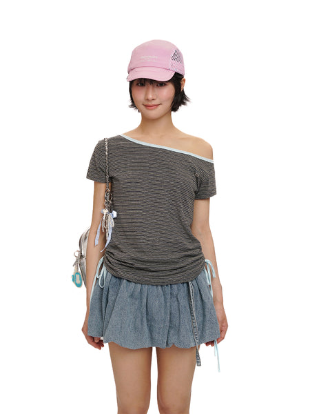 [moromoro2] Striped Wide Neckline T-shirt