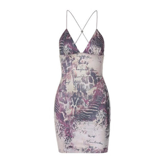 Cross back v neck spaghetti strap print mini dress