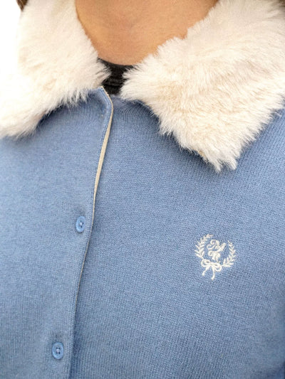[Moromoro2] Faux Fur Collar Logo Knit  Cardigan