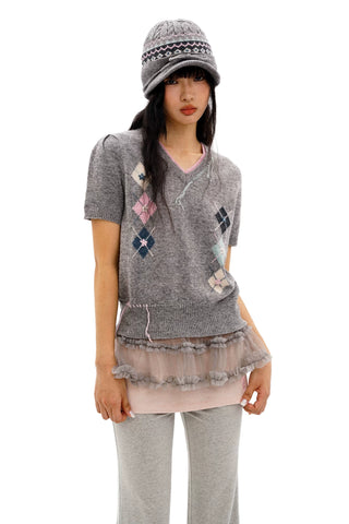 [Moromoro2] Argyle Short-sleeve Sweater