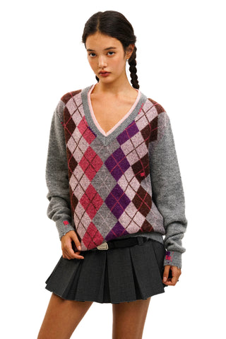 [Moromoro2] Gray Pink Diamond Cardigan