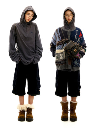 [Moromoro2] Striped Henry Collar Hooded Long Sleeve  Tee