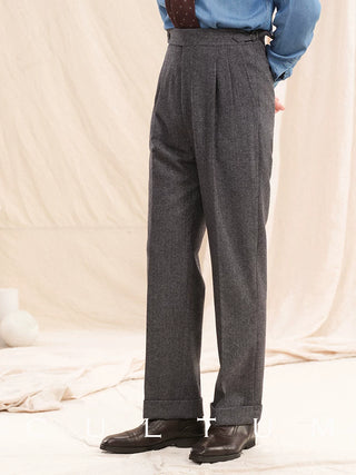 [CULTUM] Wool Herringbone Double-Pleated Trousers