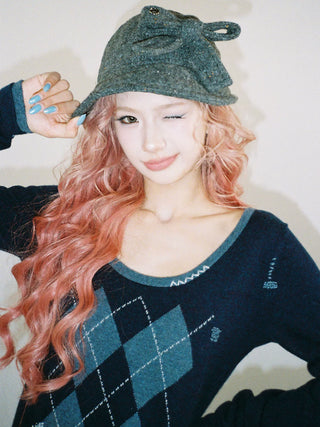 [Moromoro2] Argyle Faux Two-piece Sweater