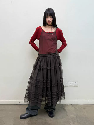 [NeverSeez] Pleated Layered Mesh Cami Dress