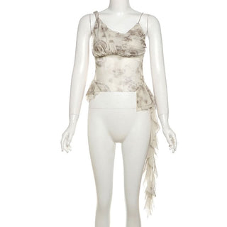 Flower print mesh ruffle cami top