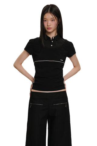 [moromoro2] Layered Contrast Panel Polo  T-Shirt