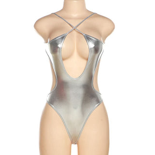 Cross front metallic backless bodysuit