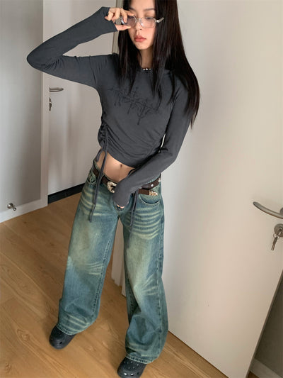 Low waist loose washed wide-leg jeans