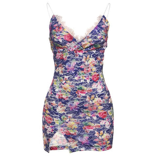 V neck lace flower print cami mini dress