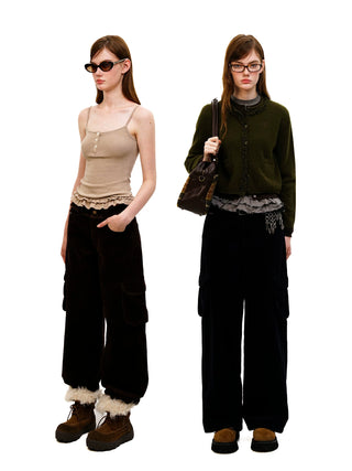 [Moromoro2] Distressed Plaid Corduroy Cargo  Pants