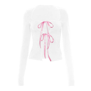 Long sleeve bowknot hollow out ribbon cut out top