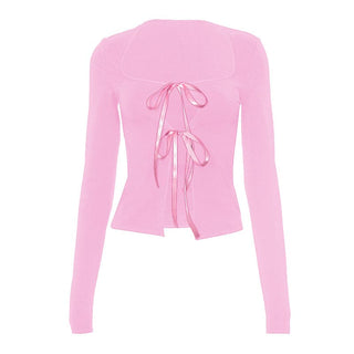 Long sleeve bowknot hollow out ribbon cut out top