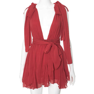 Deep v neck chiffon backless knotted ruffle mini dress