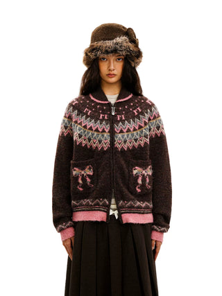 [Moromoro2] Fair Isle Bow Pocket Retro Collar  Cardigan