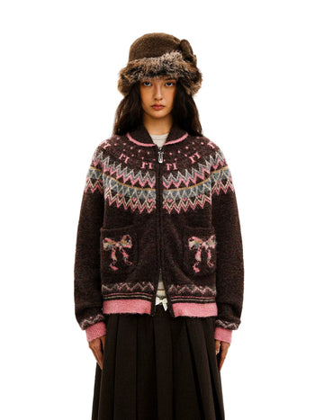 [Moromoro2] Fair Isle Bow Pocket Retro Collar  Cardigan