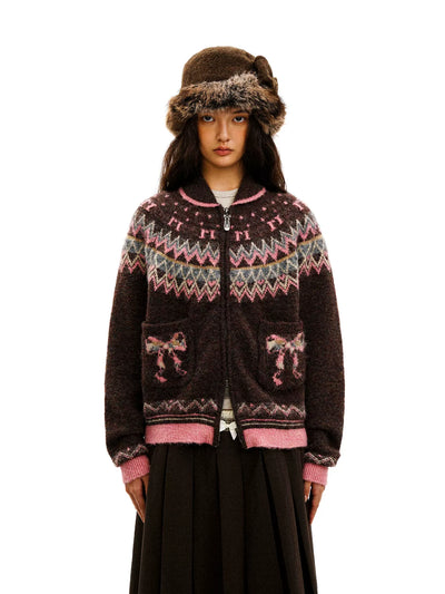 [Moromoro2] Fair Isle Bow Pocket Retro Collar  Cardigan