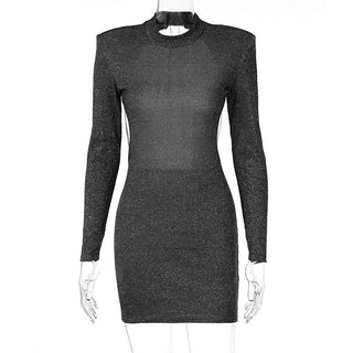 Long sleeve crewneck padded beaded mini dress