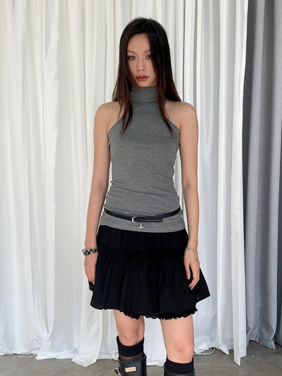 high collar off-shoulder sleeveless top