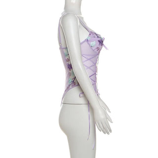 Flower embroidery bowknot mesh lace up cami bodysuit