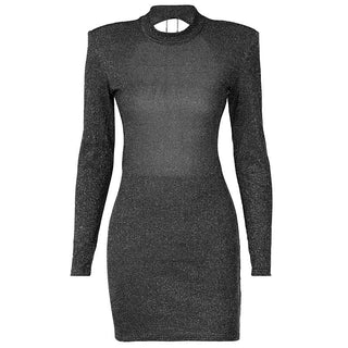 Long sleeve crewneck padded beaded mini dress