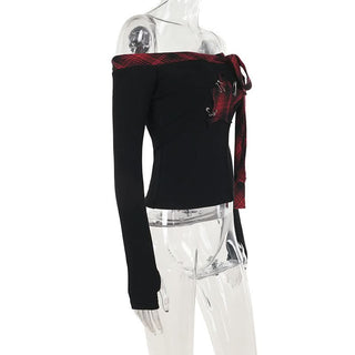 Off shoulder long sleeve plaid star pattern top