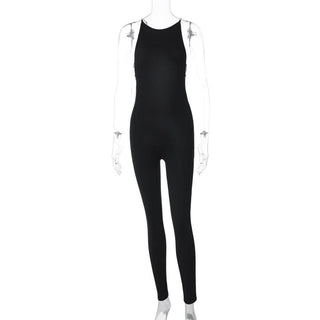 Round neck beaded backless solid jumpsuit