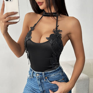 Halter u neck glitter flower applique backless bodysuit