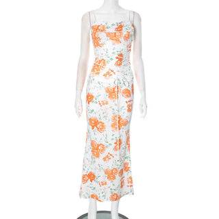 Self tie flower print backless spaghetti strap maxi dress