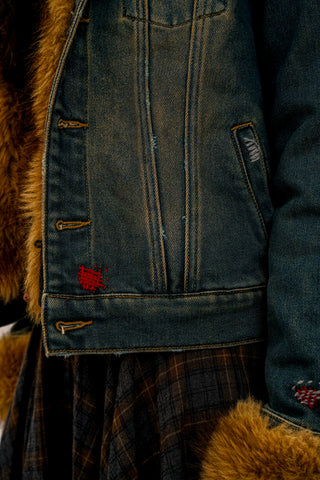 [Moromoro2] Detachable Fur Distressed Denim  Jacket