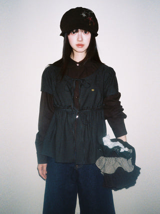 [Moromoro] Faux Two-piece Plaid Ruffled  Shirt