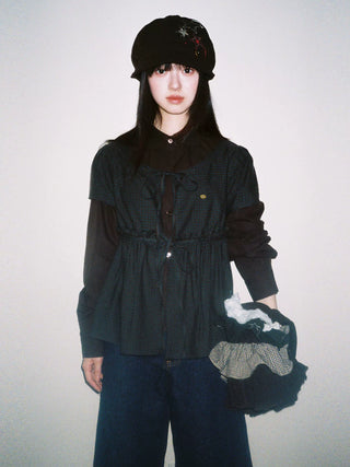 [Moromoro] Faux Two-piece Plaid Ruffled  Shirt