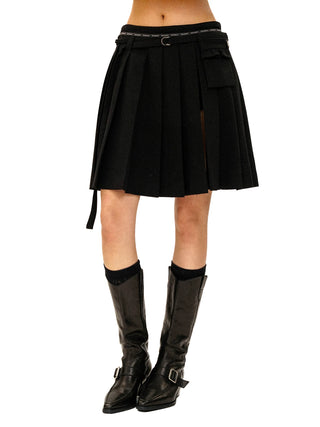 [Moromoro2] Ribbon Slit Pleated Skirt